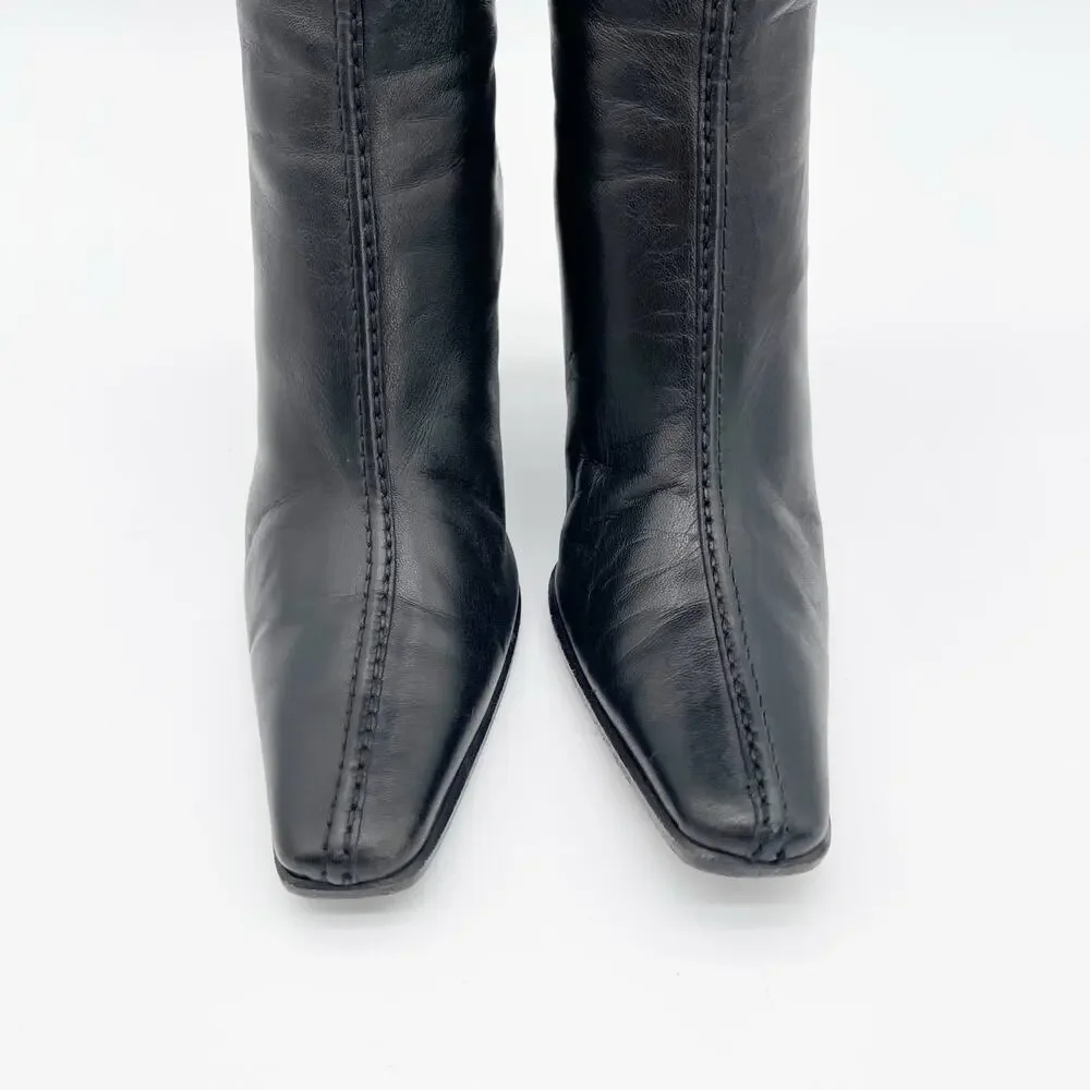 Vintage Prada Black Leather Square Toe Heeled Knee High Italian Boots 90s IT 36 - Picture 6 of 14